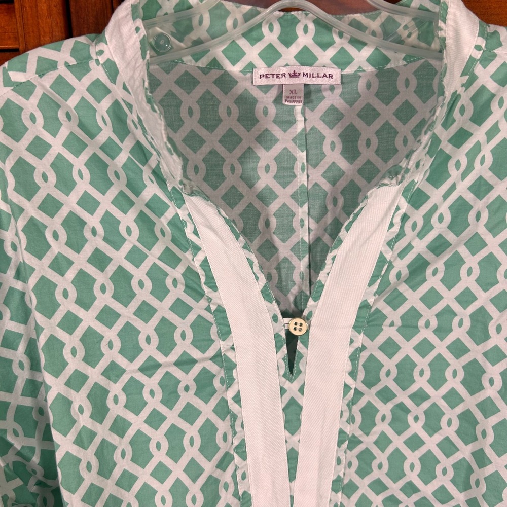 Peter Millar Womens XL Mint Green White Geometric Lattice 3/4 Sleeve Tunic Top - Picture 3 of 6